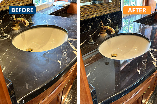 Polishing before and after black marble sink and counter