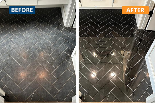 Marble Restoration Before and After Services Of A Black Marble Floor